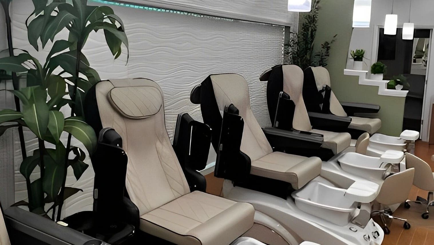 Luxurious pedicure chairs at Glamor Nails in Bound Brook, New Jersey, US, surrounded by lush greenery.