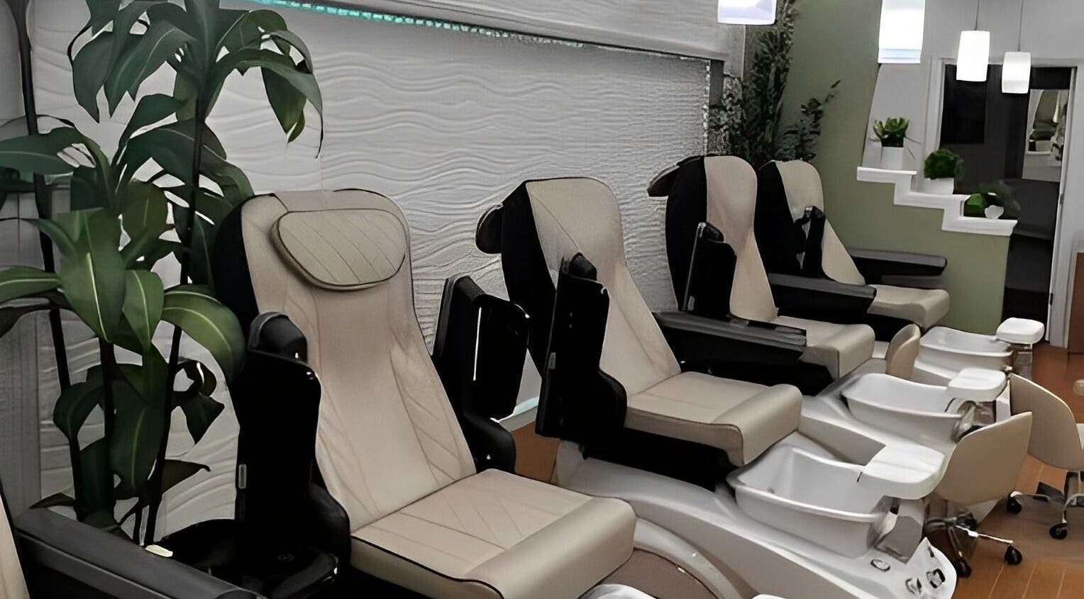 Luxurious pedicure chairs at Glamor Nails in Bound Brook, New Jersey, US, surrounded by lush greenery.