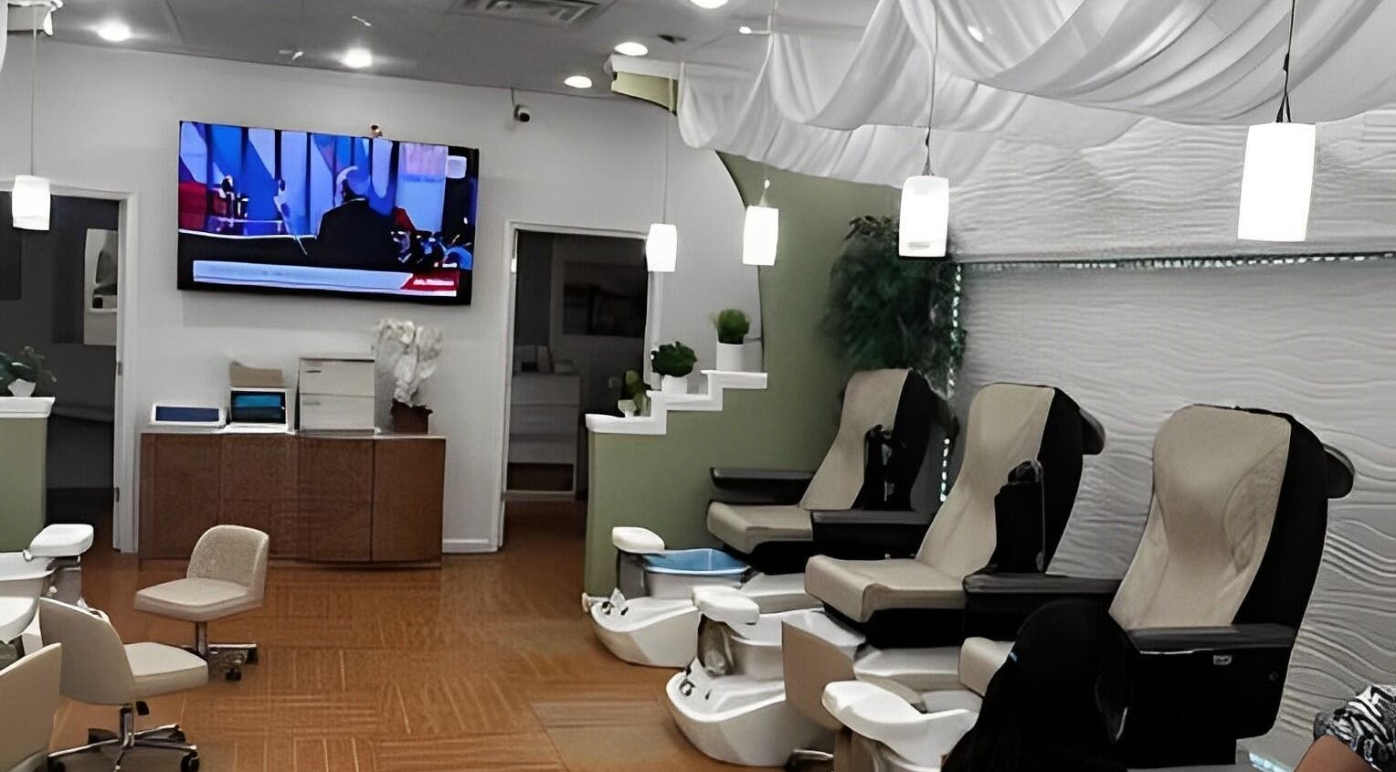 Relaxing pedicure chairs at Glamor Nails in Bound Brook, New Jersey, US, offering a tranquil spa experience.