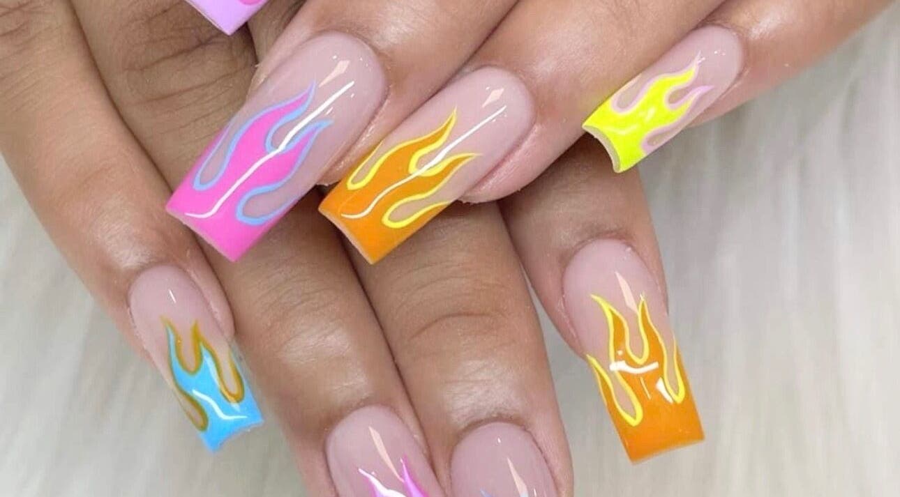 Vibrant flame nail art at Glamor Nails, Bound Brook, New Jersey, US.