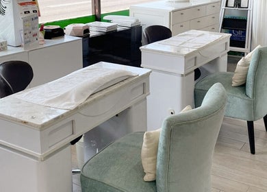 Elegant nail stations at Fleuri Beauty and Spa, Markham, Ontario, CA, showcasing a chic and welcoming ambiance.