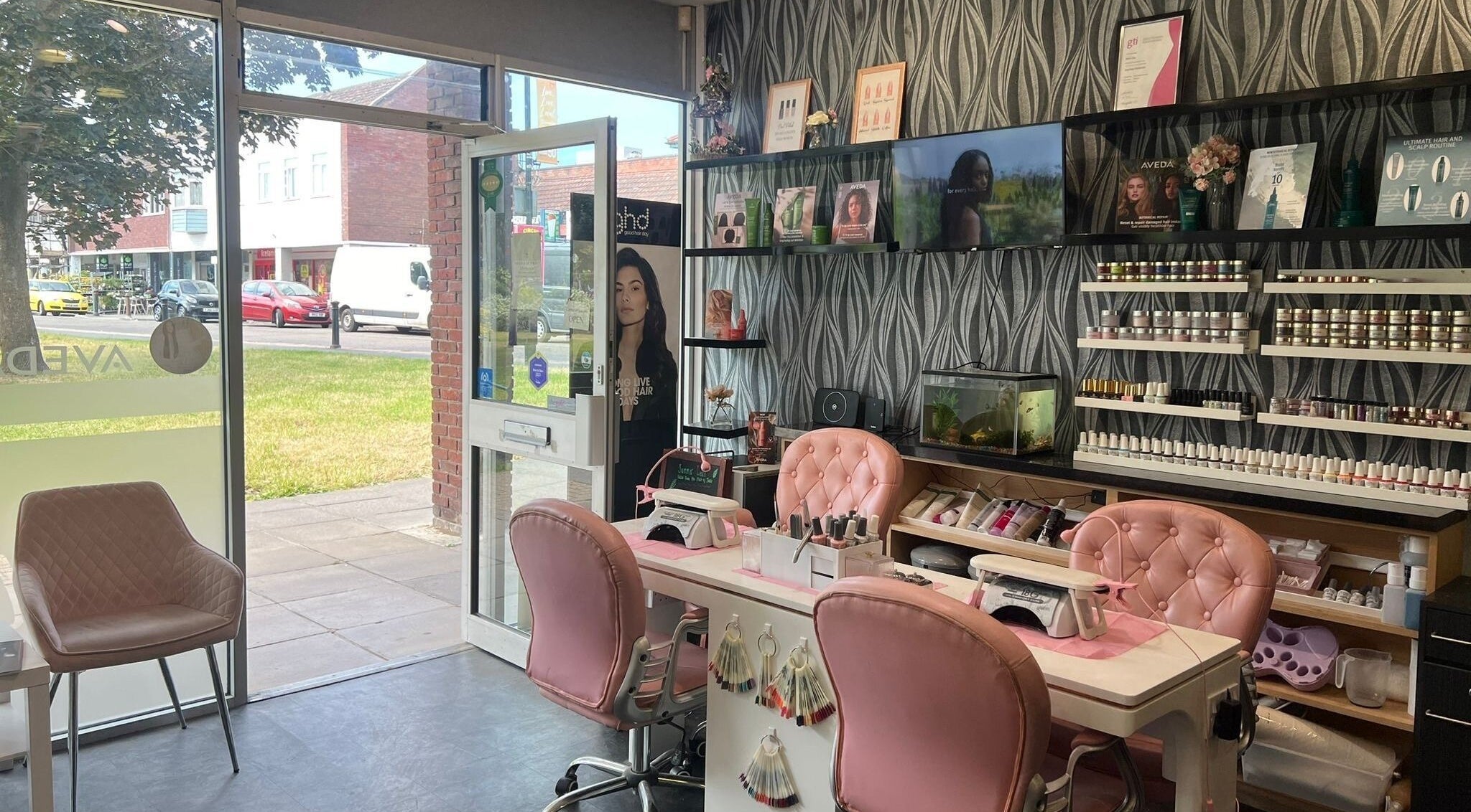 Elegant interior of Pixies Hair & Beauty Salon Stubbington in Fareham, England, GB with modern decor and products.