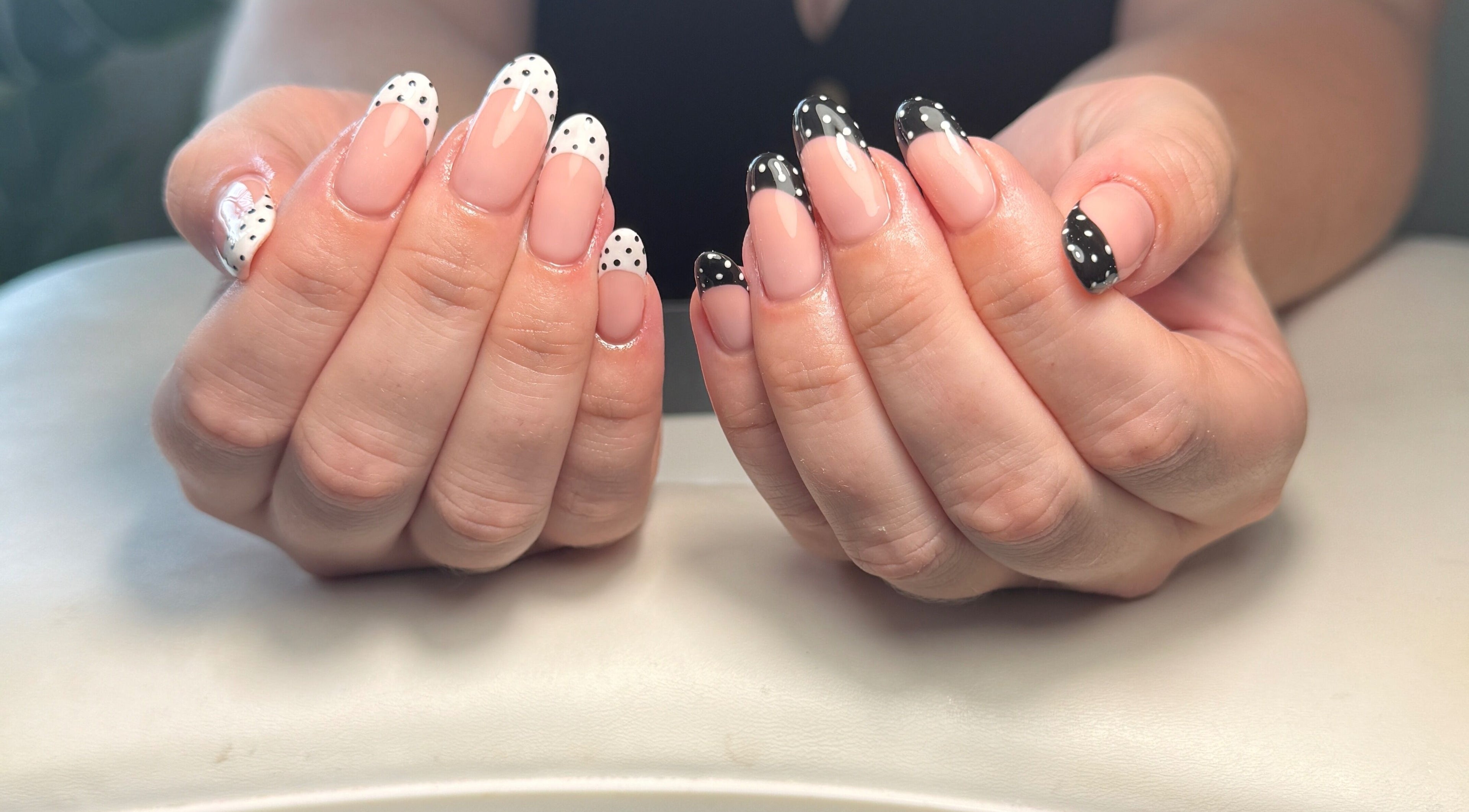 Elegant polka dot nail art at Beauty Blooms By Abigail, Portsmouth, England, GB.