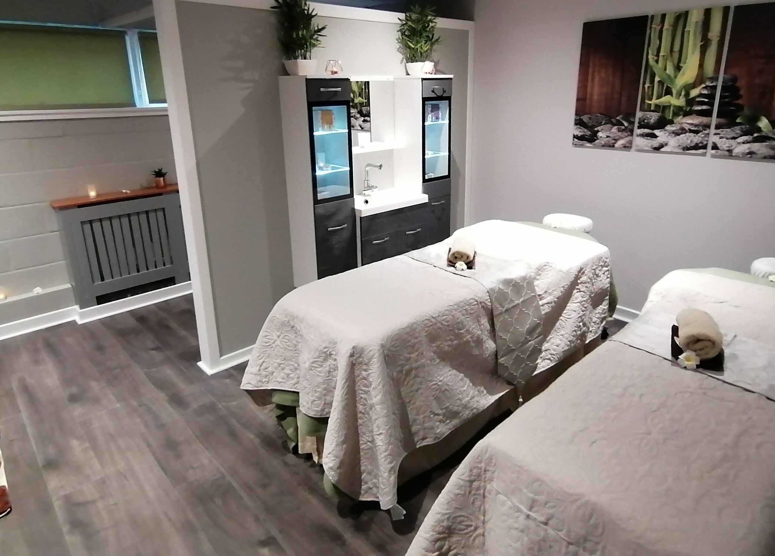 Serene treatment room at Skin Unique ltd, Dalgety Bay, Scotland, GB with massage tables and calming decor.