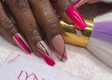 Stylish pink and beige nails at Lyna Luxe, Bridgetown, BB showcasing unique design.