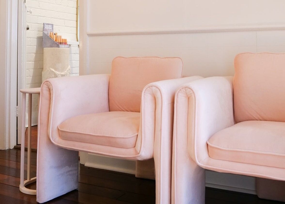 Elegantly styled blush chairs at Rachel Lavelle Brows + Beauty, South Perth, Western Australia, AU.