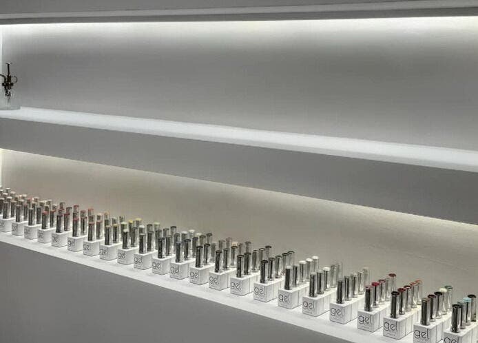 Intricate gel polish display at The Bella Lounge, Plymouth, England, GB showcasing a variety of colors.