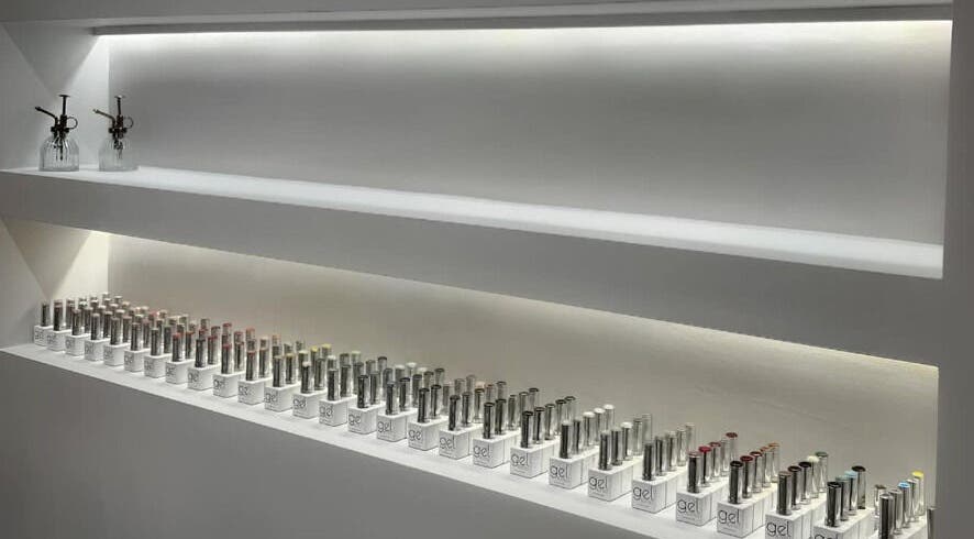 Intricate gel polish display at The Bella Lounge, Plymouth, England, GB showcasing a variety of colors.