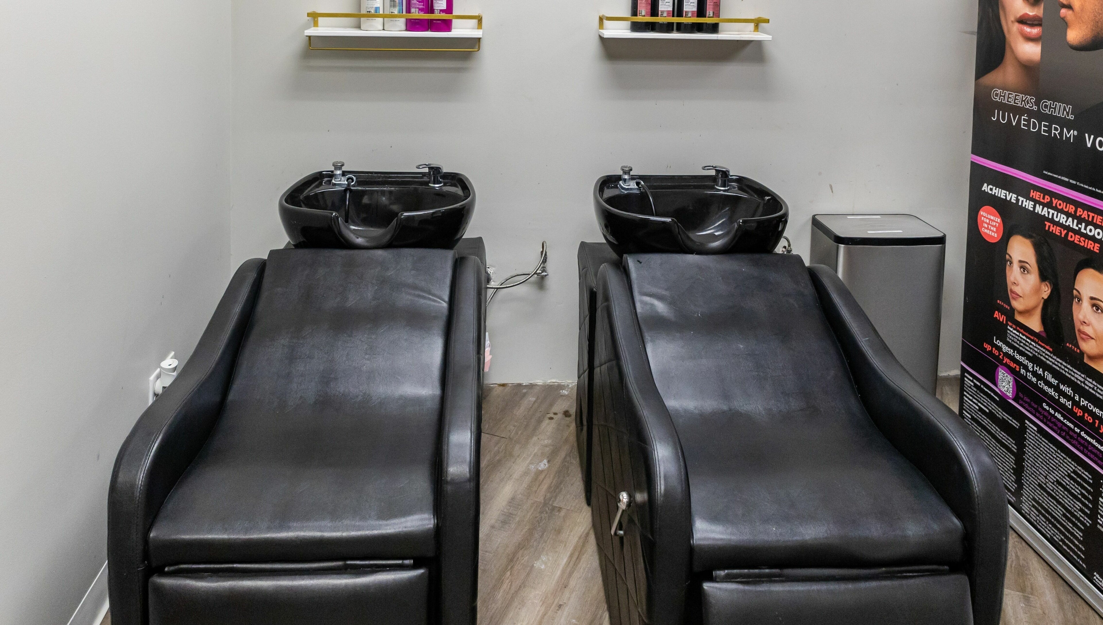 Luxurious twin hair wash stations at So Luxe Salon, Rancho Cucamonga, California, US.