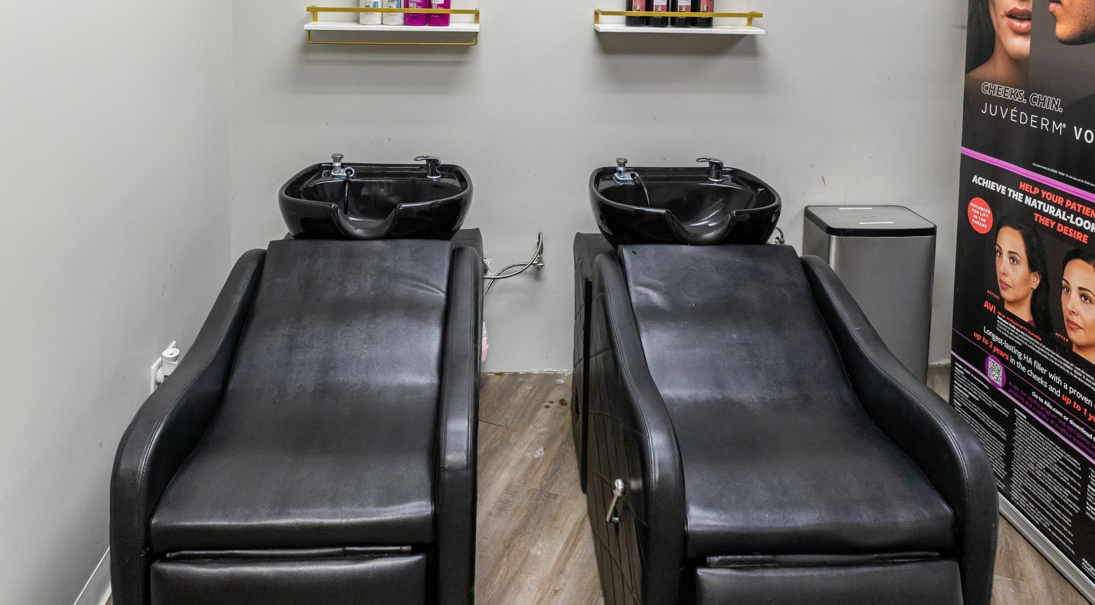 Luxurious twin hair wash stations at So Luxe Salon, Rancho Cucamonga, California, US.