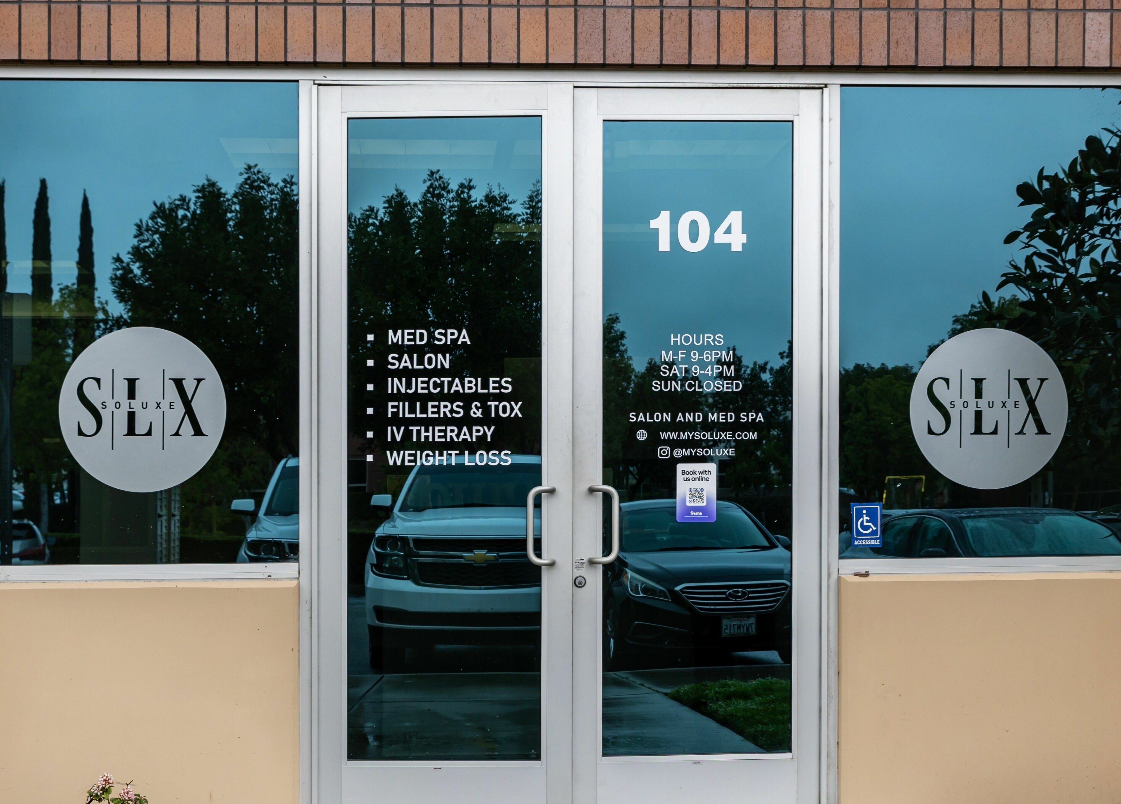 Entrance of So Luxe Salon in Rancho Cucamonga, California showcasing services like med spa and injectables.