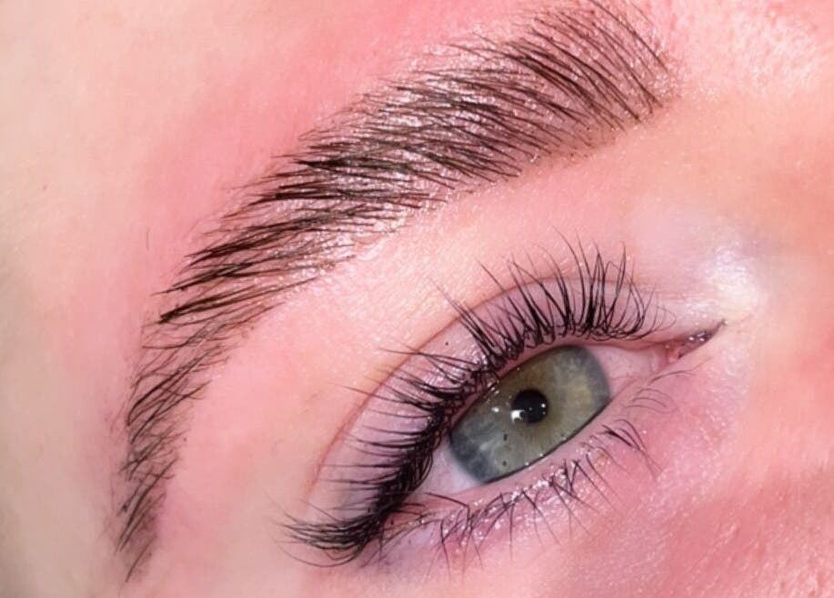 Close-up of expertly shaped brow and lashes at Meraki, Shaw, England, GB.