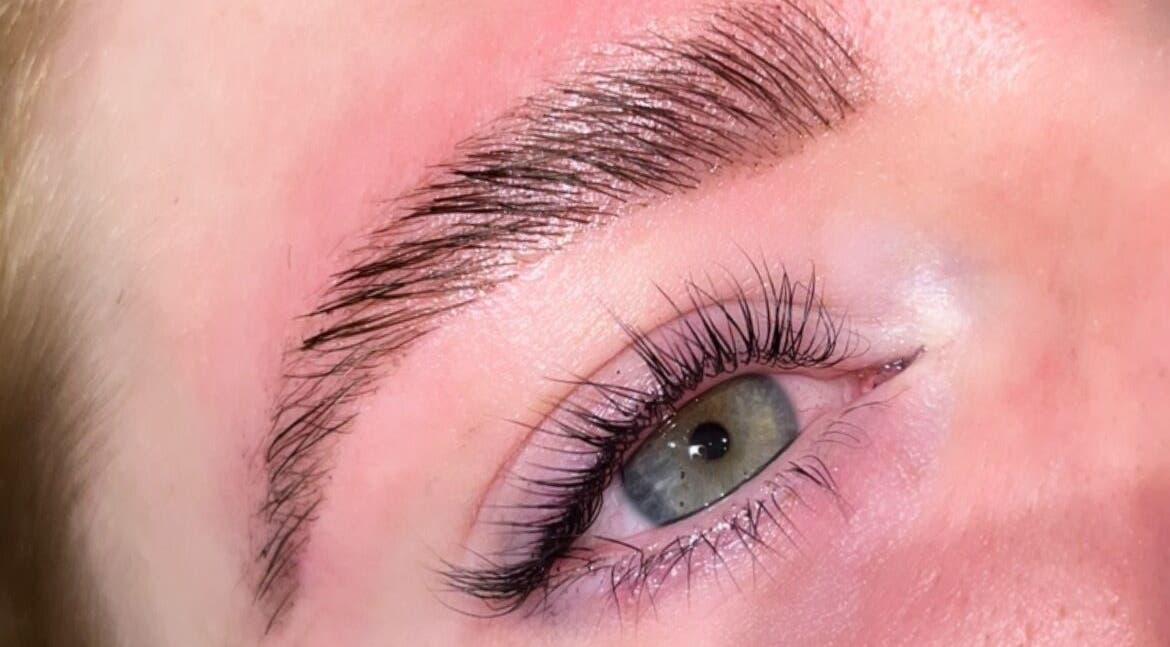 Close-up of expertly shaped brow and lashes at Meraki, Shaw, England, GB.