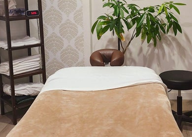 Salle de massage élégante chez Studio Orchidée, Montréal, Québec, CA avec plante et étagère.