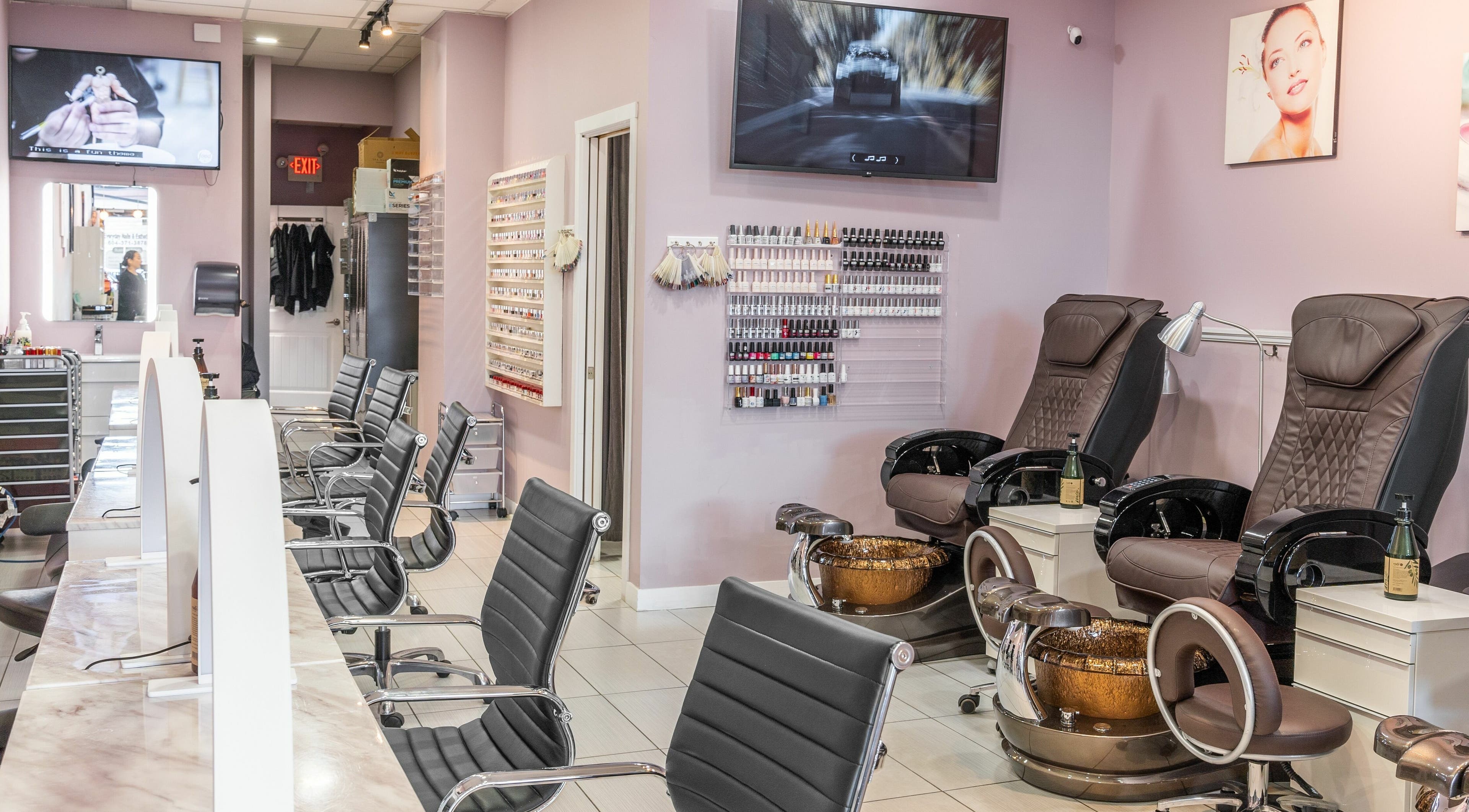 Modern nail salon at Everyday Nails in Langley City, British Columbia, CA with plush chairs and nail polish displays.