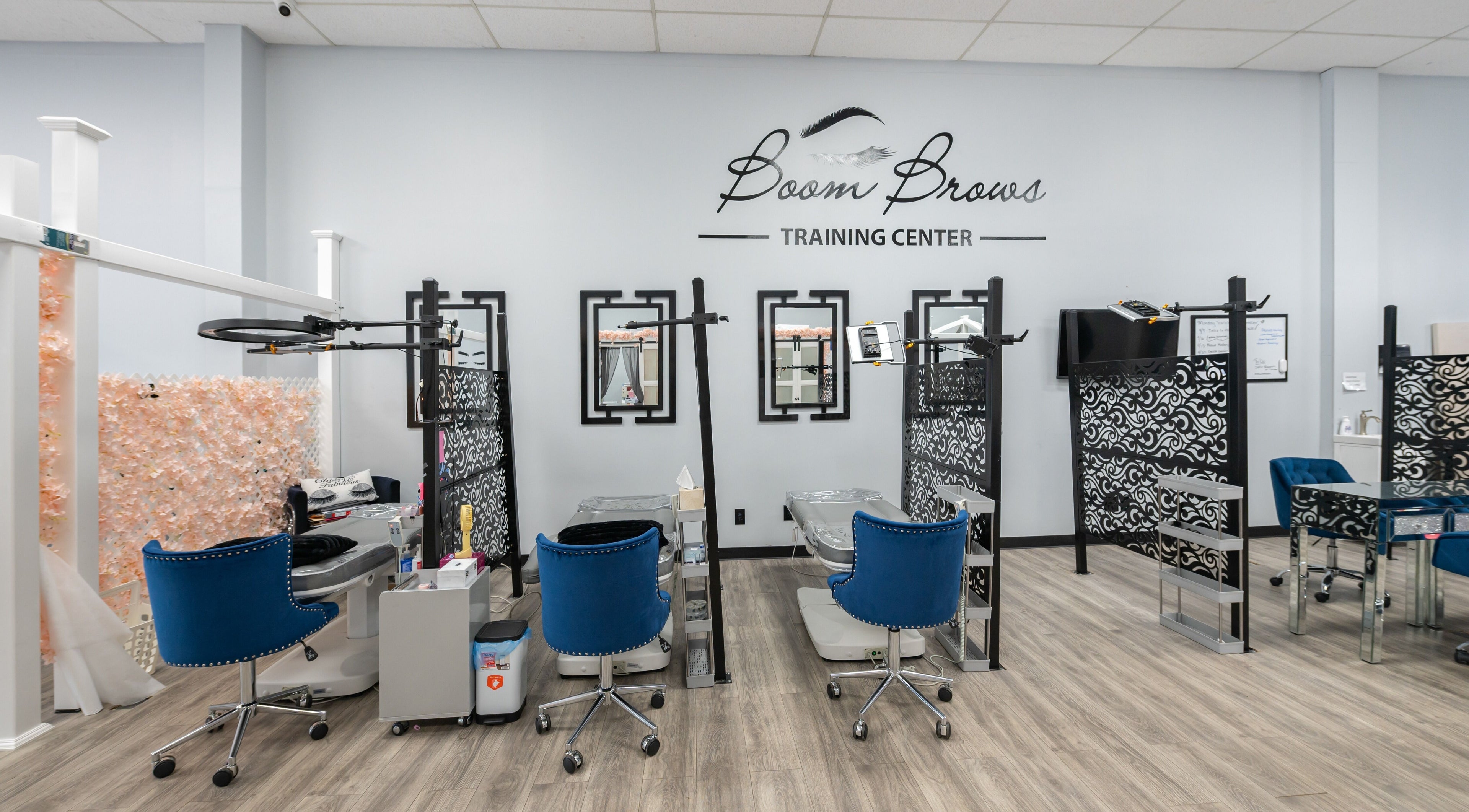 Chic interior of Boom Brows Lash Bar and More in Farmingdale, New York, US showcasing stylish service stations.