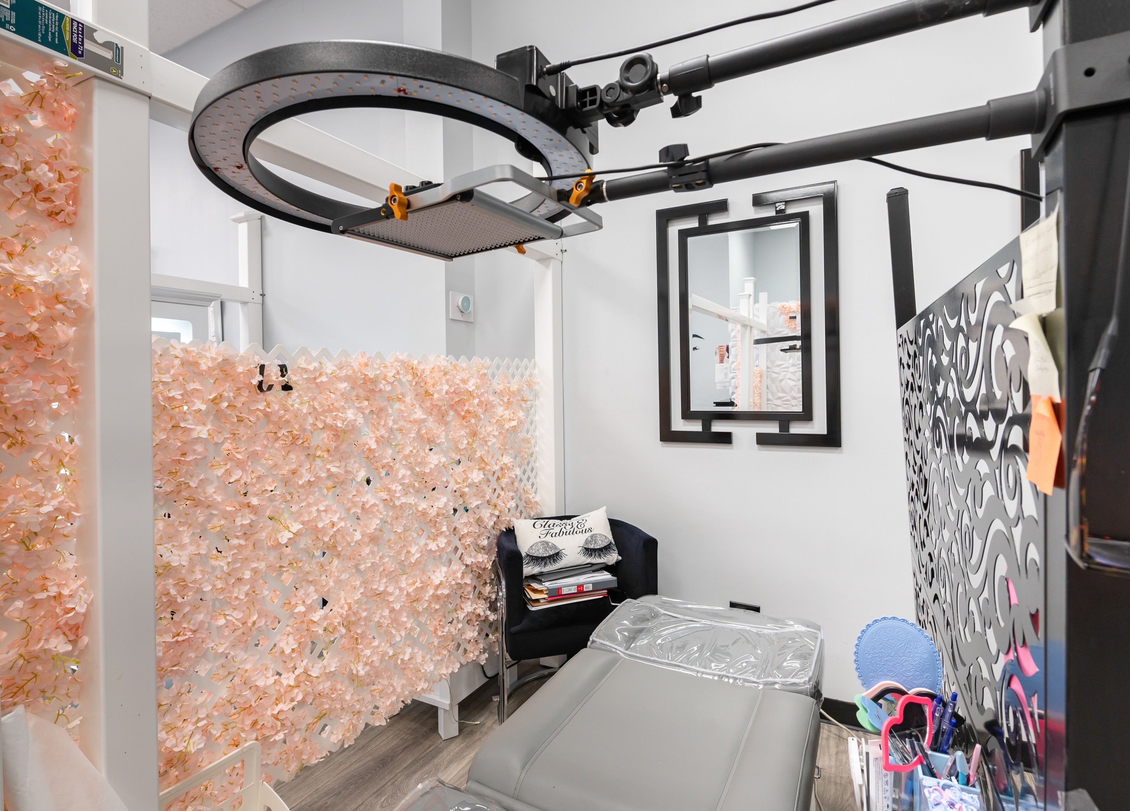 Stylish lash station at Boom Brows Lash Bar and More in Farmingdale, New York, US with elegant decor.