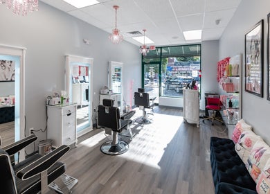 Interior of Boom Brows Lash Bar By Liz in Massapequa Park, New York, US with stylish decor and beauty chairs.