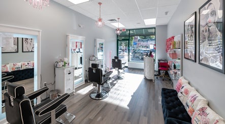 Interior of Boom Brows Lash Bar By Liz in Massapequa Park, New York, US with stylish decor and beauty chairs.