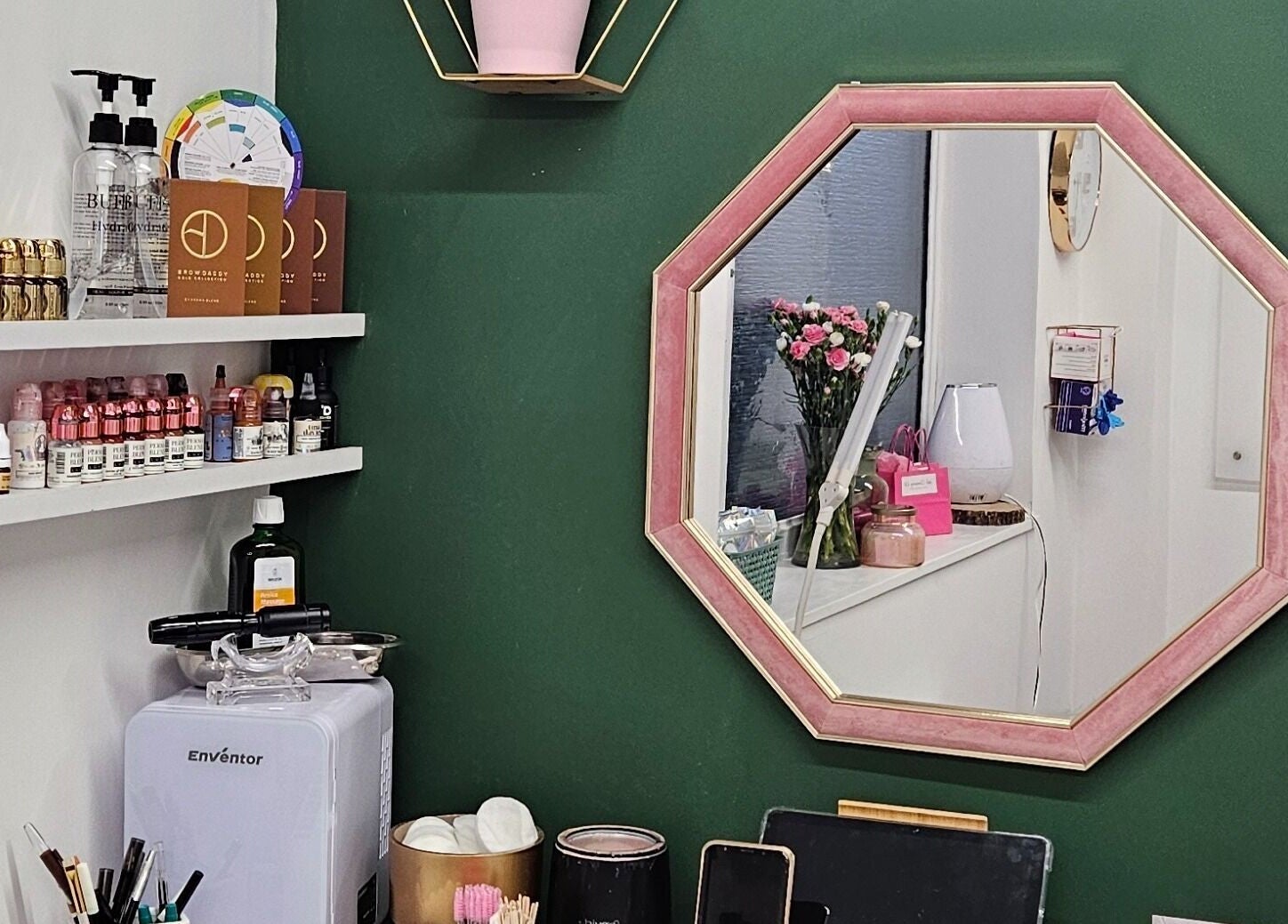 Elegant salon interior at Be Beau With Grace, Rochdale, England, GB, showcasing products and mirror decor.
