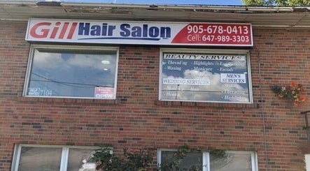 Exterior view of Gill Hair Salon at 7104 Goreway, Malton, Mississauga, Ontario, CA displaying services.