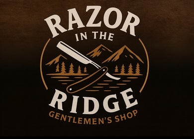 Logo of Razor in the Ridge, featuring a razor and mountains in Blue Ridge, Georgia, US.