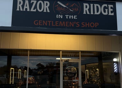 Front view of Razor in the Ridge, a barbershop in Blue Ridge, Georgia, US.