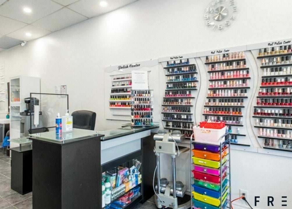 A.T. Nails vibrant polish collection in Mississauga, Ontario, CA salon interior.