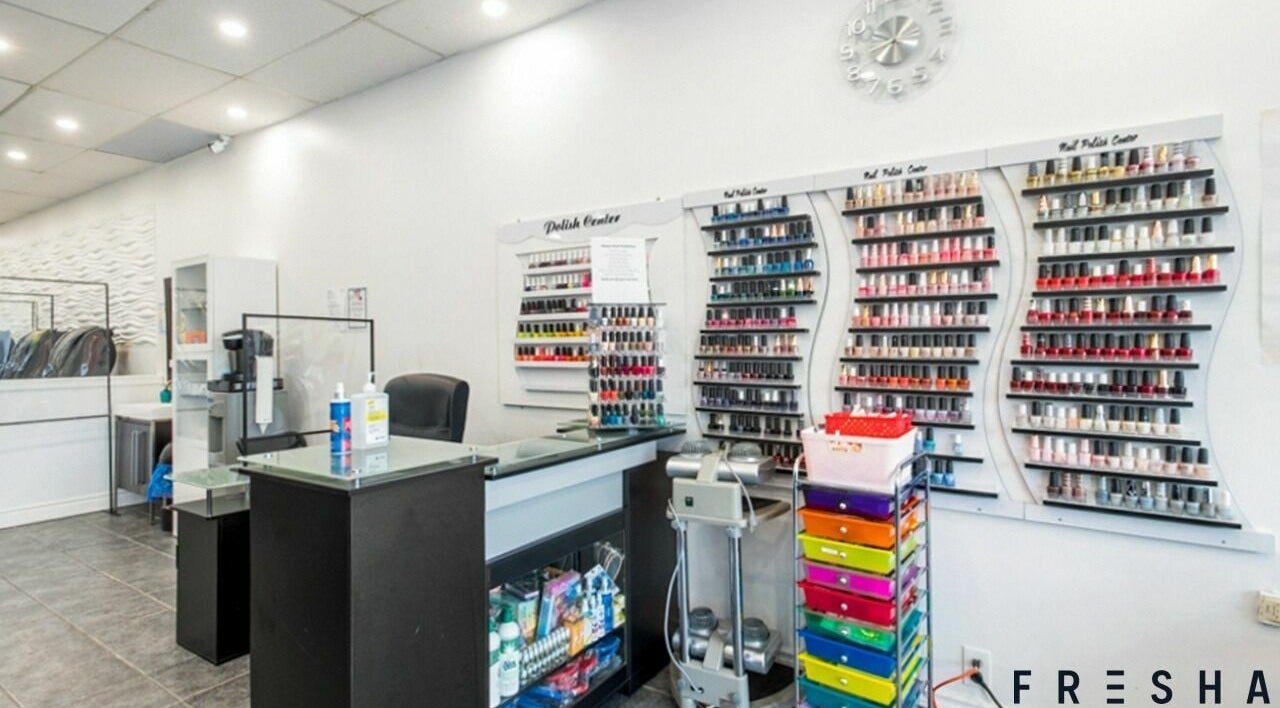 A.T. Nails vibrant polish collection in Mississauga, Ontario, CA salon interior.