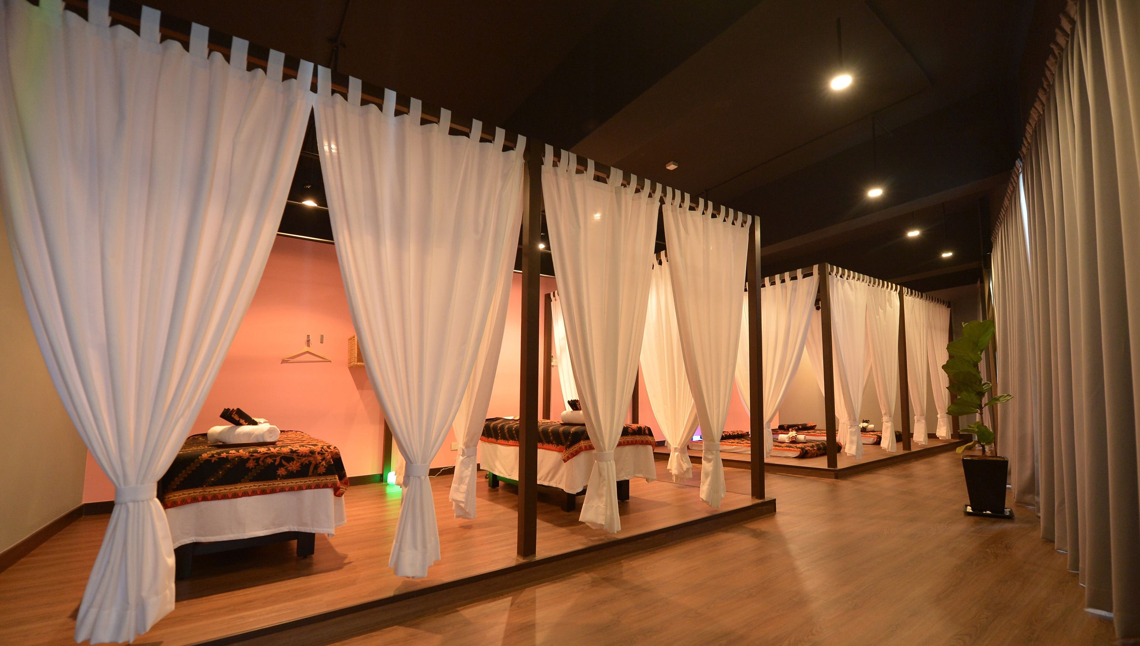 Relaxing massage area at Bondahaven Spa Bangi, Bandar Puteri Bangi, Selangor, MY with elegant white drapes.