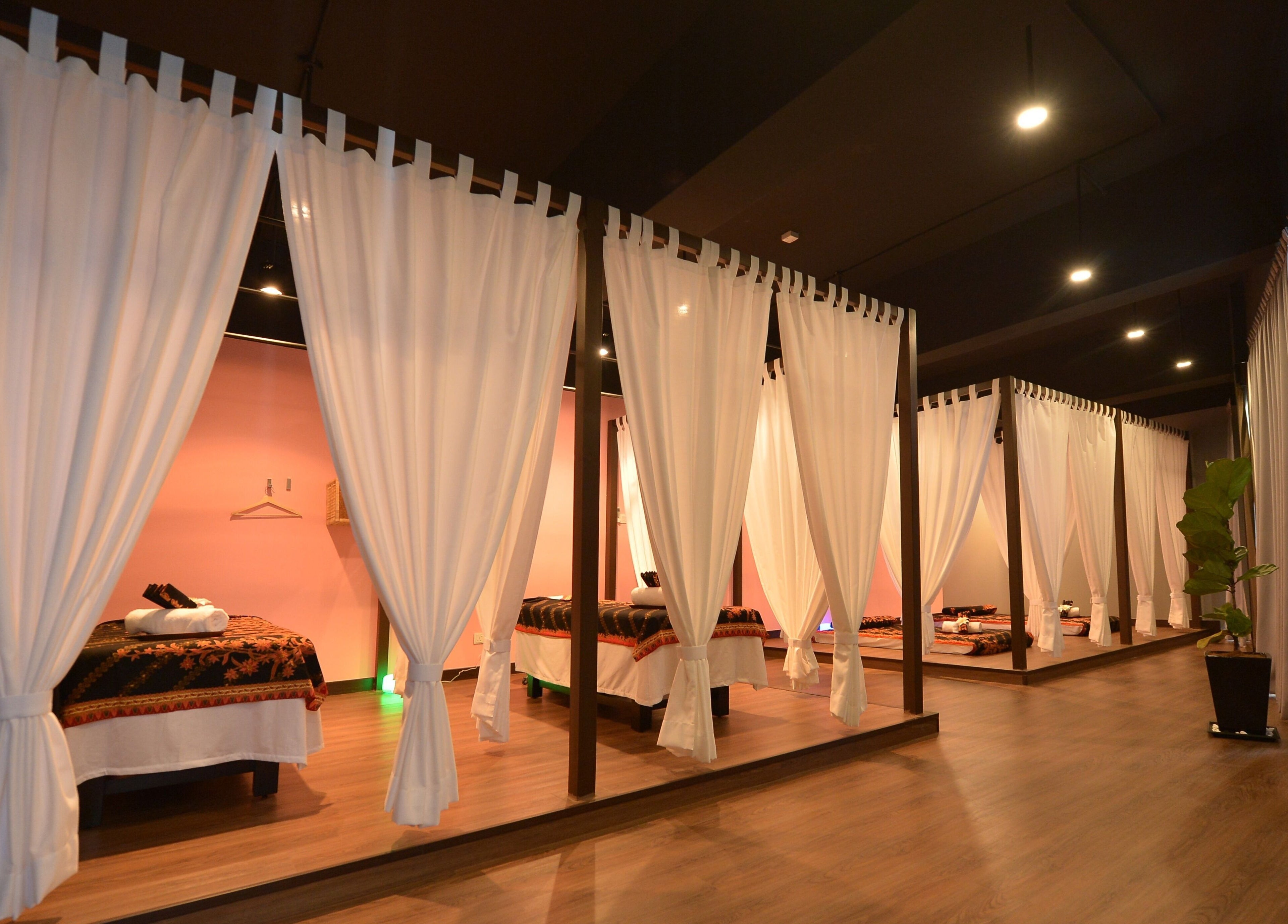 Relaxing massage area at Bondahaven Spa Bangi, Bandar Puteri Bangi, Selangor, MY with elegant white drapes.