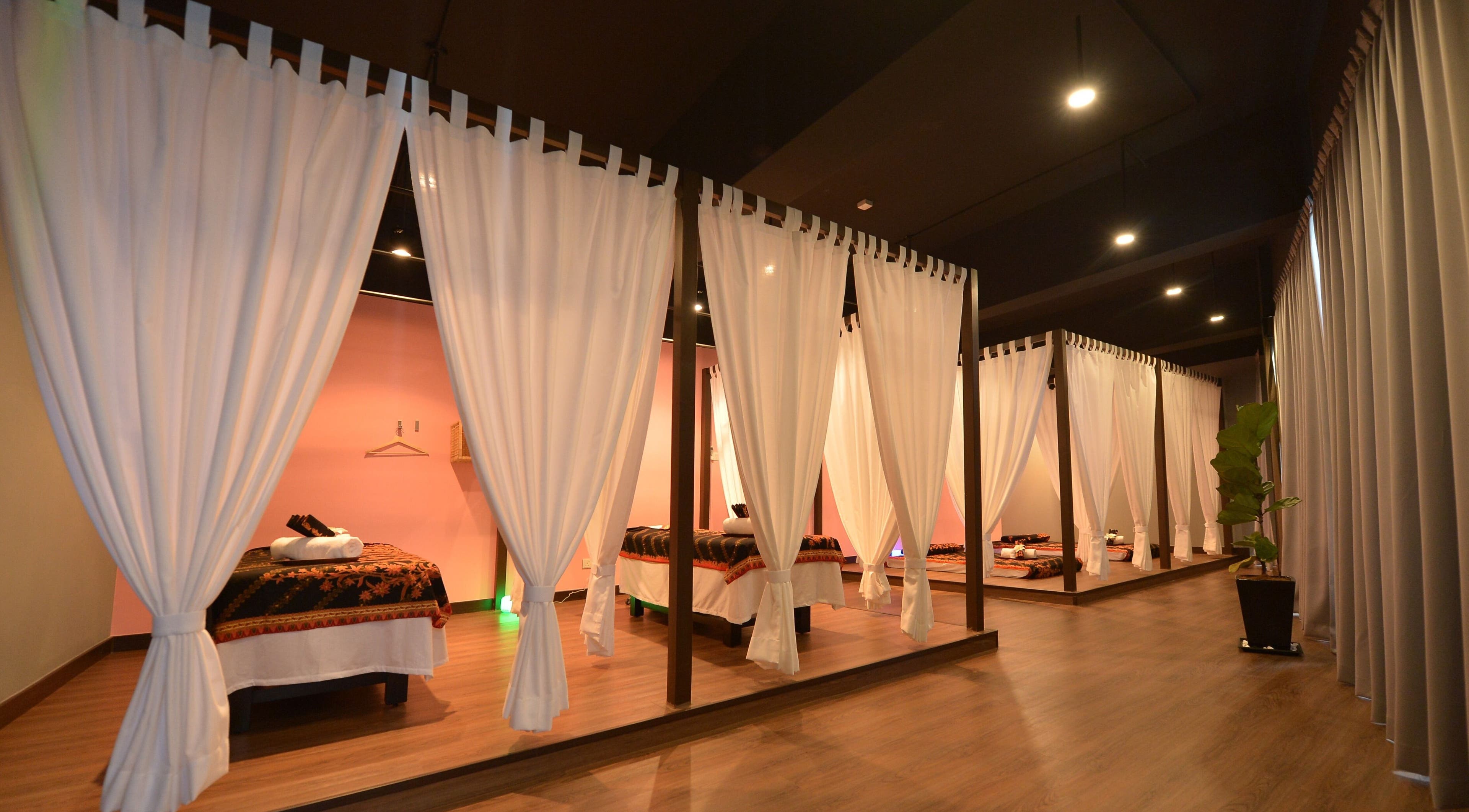 Relaxing massage area at Bondahaven Spa Bangi, Bandar Puteri Bangi, Selangor, MY with elegant white drapes.