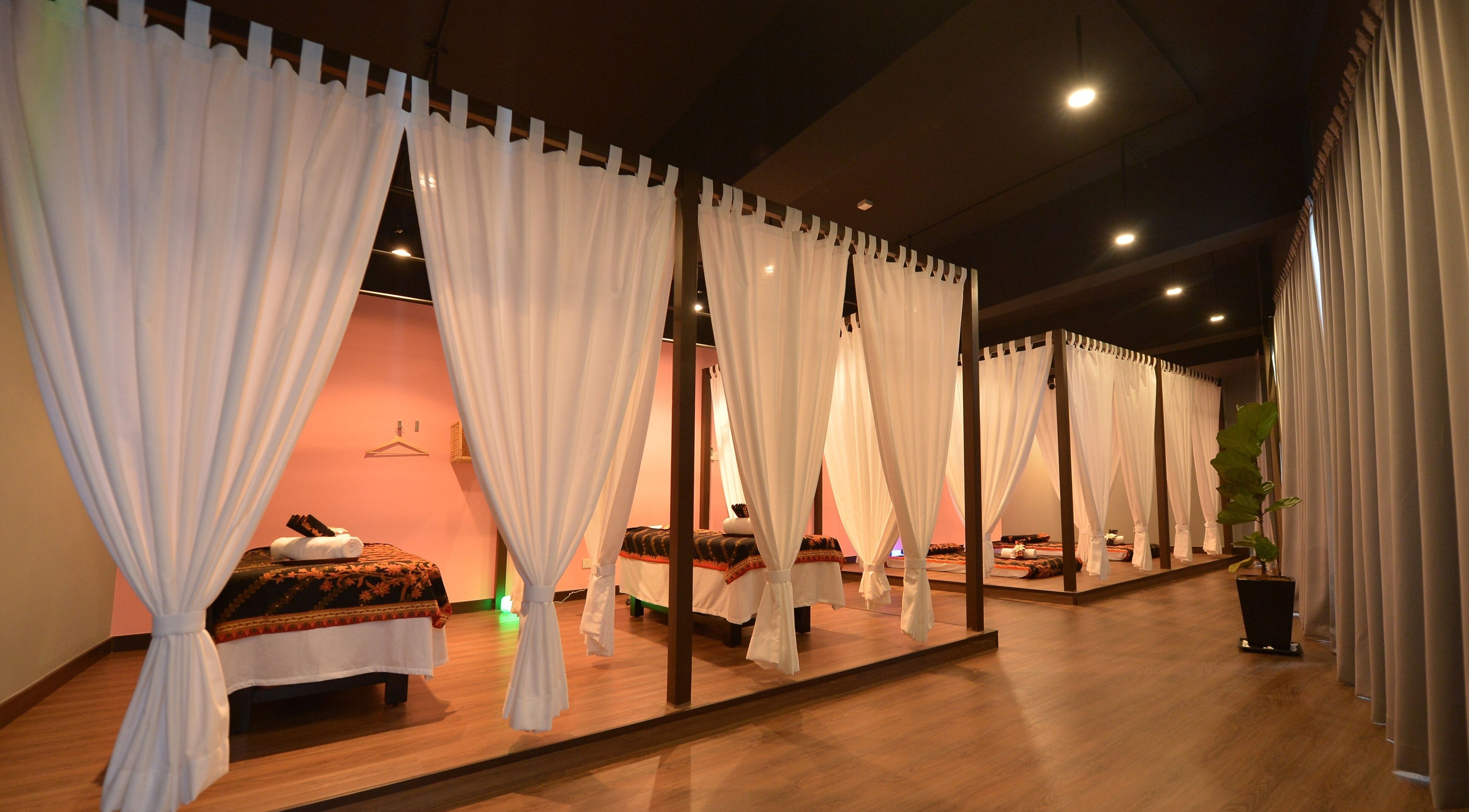 Relaxing massage area at Bondahaven Spa Bangi, Bandar Puteri Bangi, Selangor, MY with elegant white drapes.