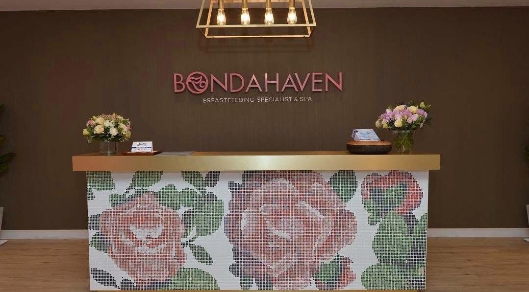 Elegant reception desk at Bondahaven Spa Bangi, Bandar Puteri Bangi, Selangor, MY, adorned with floral mosaic.