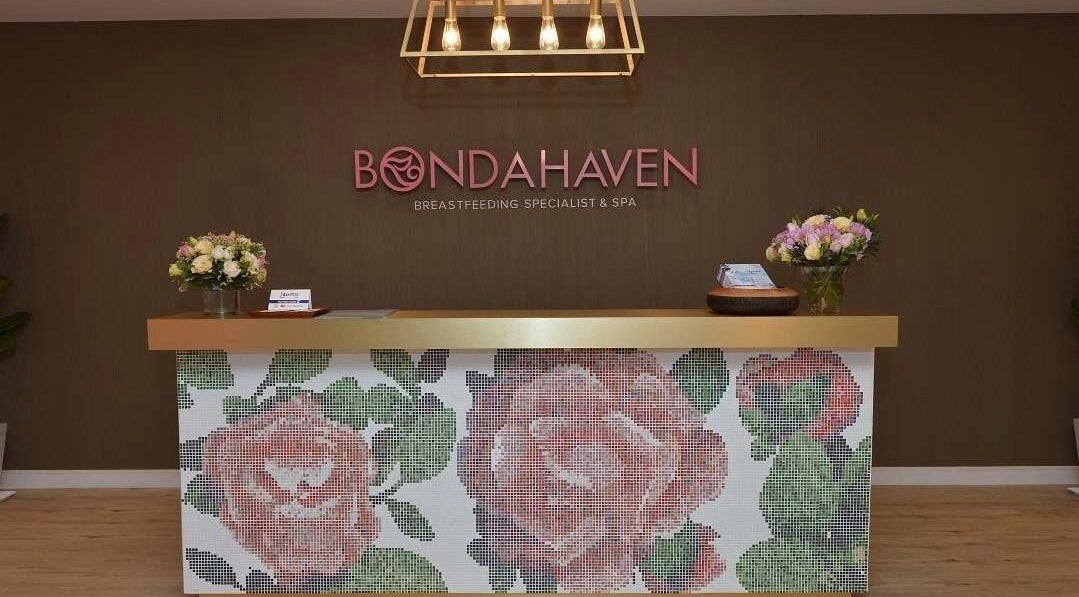 Elegant reception desk at Bondahaven Spa Bangi, Bandar Puteri Bangi, Selangor, MY, adorned with floral mosaic.
