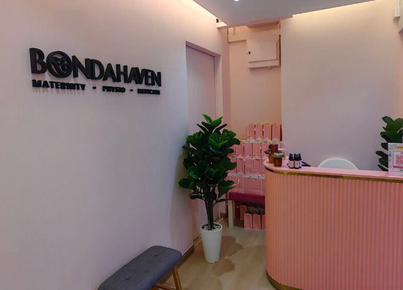 Reception at Bondahaven Medicare Ampang, a serene space in Ampang, Selangor, MY with pink decor and green plants.