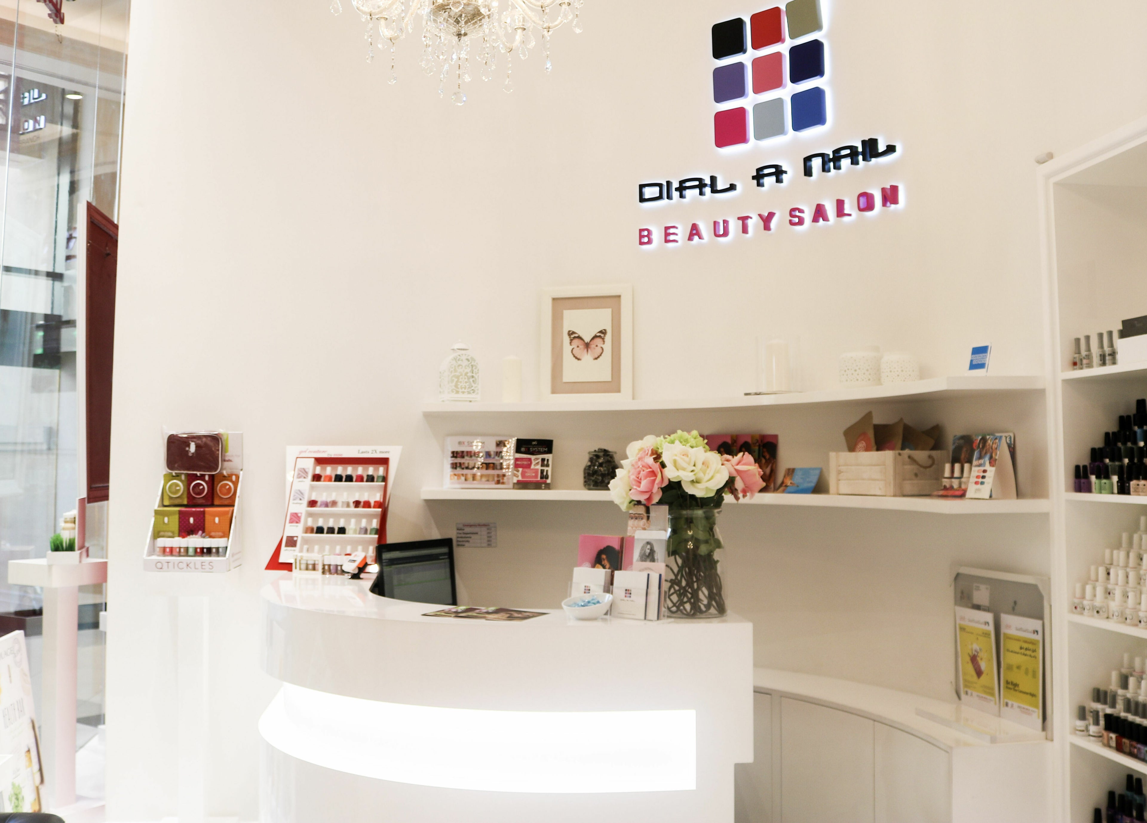 Elegant reception at Dial A Nail - Palm, Dubai, Dubai, AE showing polish display and chic decor.