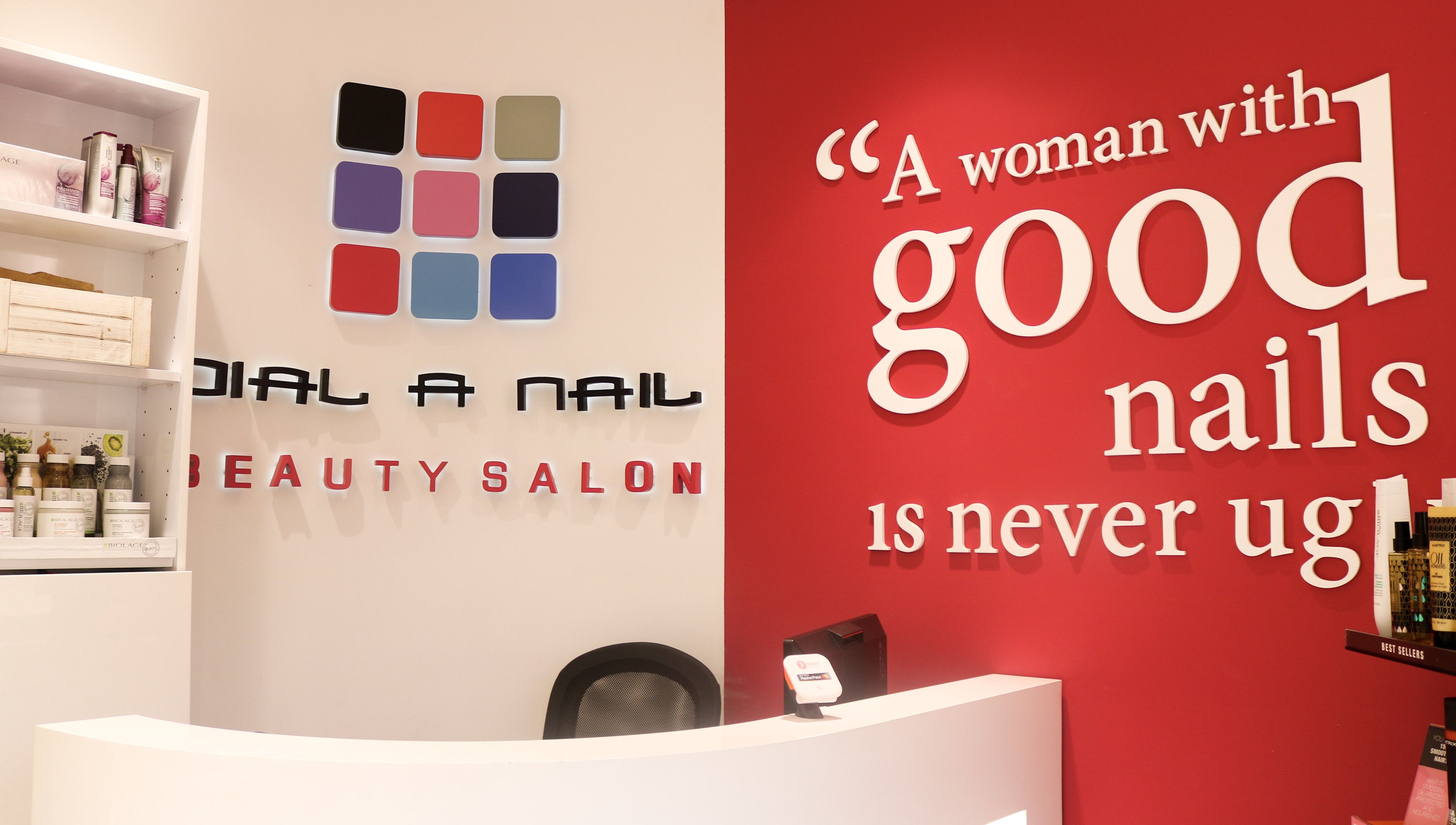 Reception area of Dial A Nail - Downtown, Dubai, Dubai, AE featuring salon branding and products.
