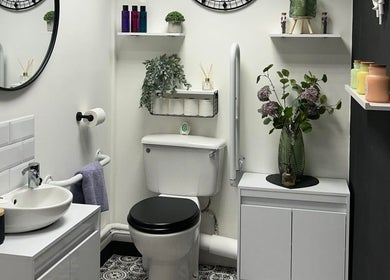 Modern restroom at The Amber Boutique in Milford Haven, Wales, GB with elegant decor and calming ambiance.