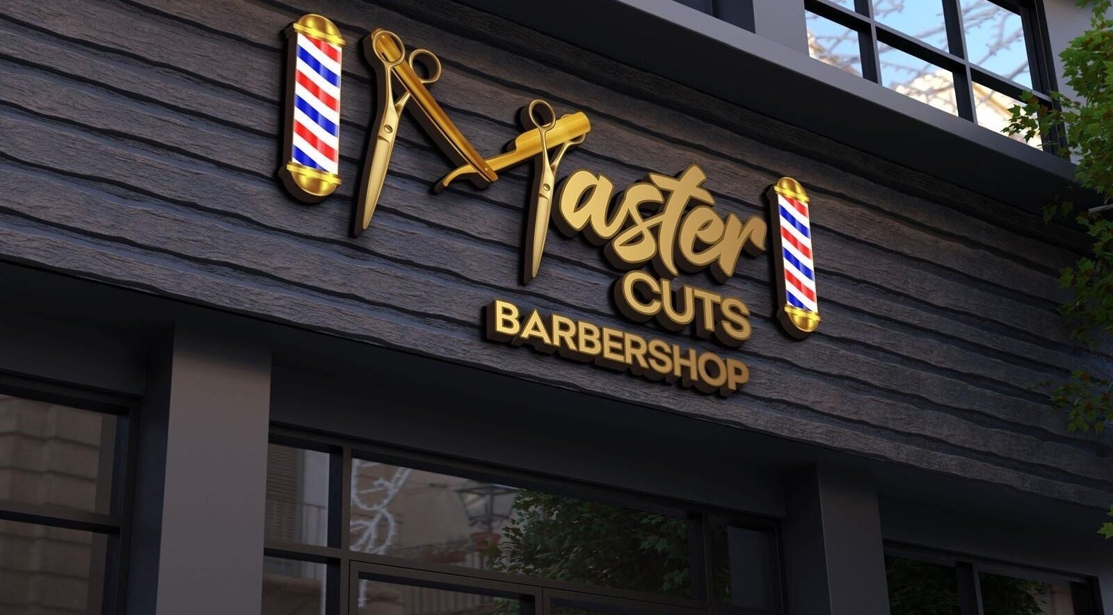 Master Cuts barbershop signage on stylish facade in Oshawa, Ontario, CA.