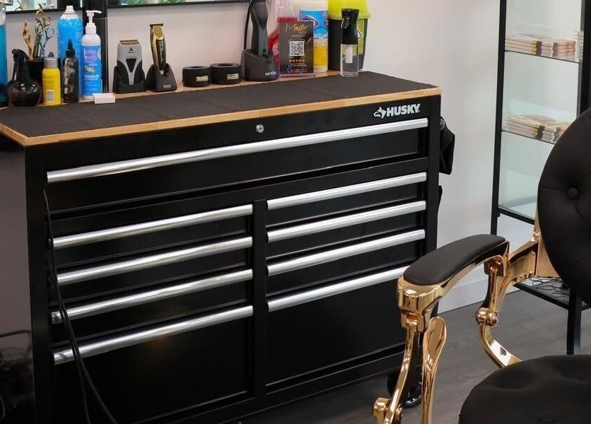 Elegant barber chair and organized workspace at Master Cuts, Oshawa, Ontario, CA for premium grooming.