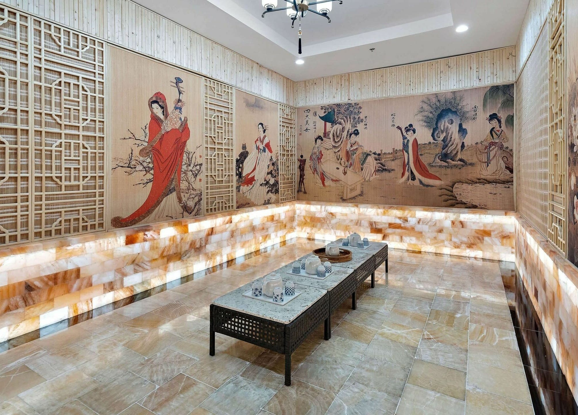 Elegant art-decorated lounge at Prosperous Paradise Spa, Houston, Texas, US, offering a tranquil ambiance.