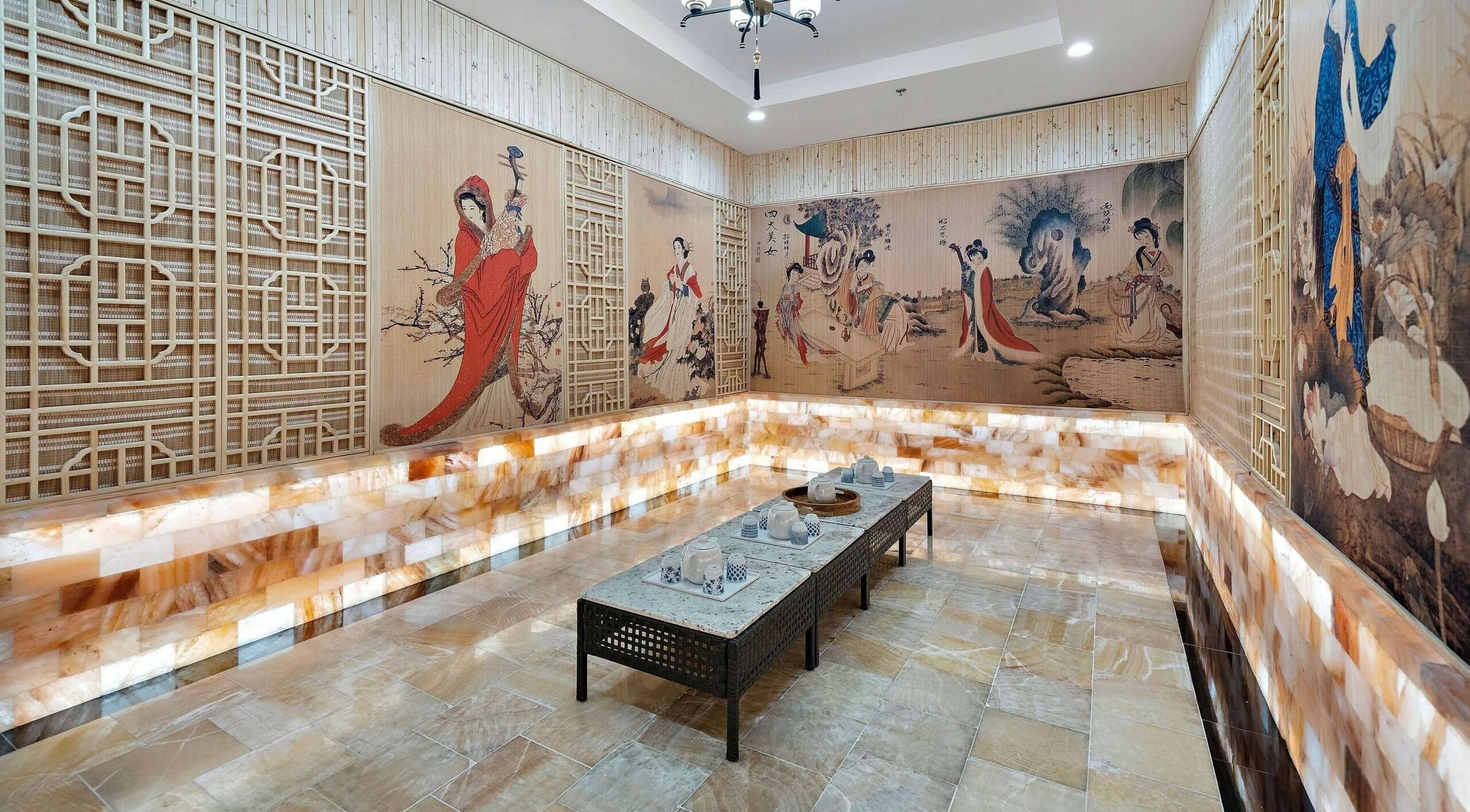 Elegant art-decorated lounge at Prosperous Paradise Spa, Houston, Texas, US, offering a tranquil ambiance.