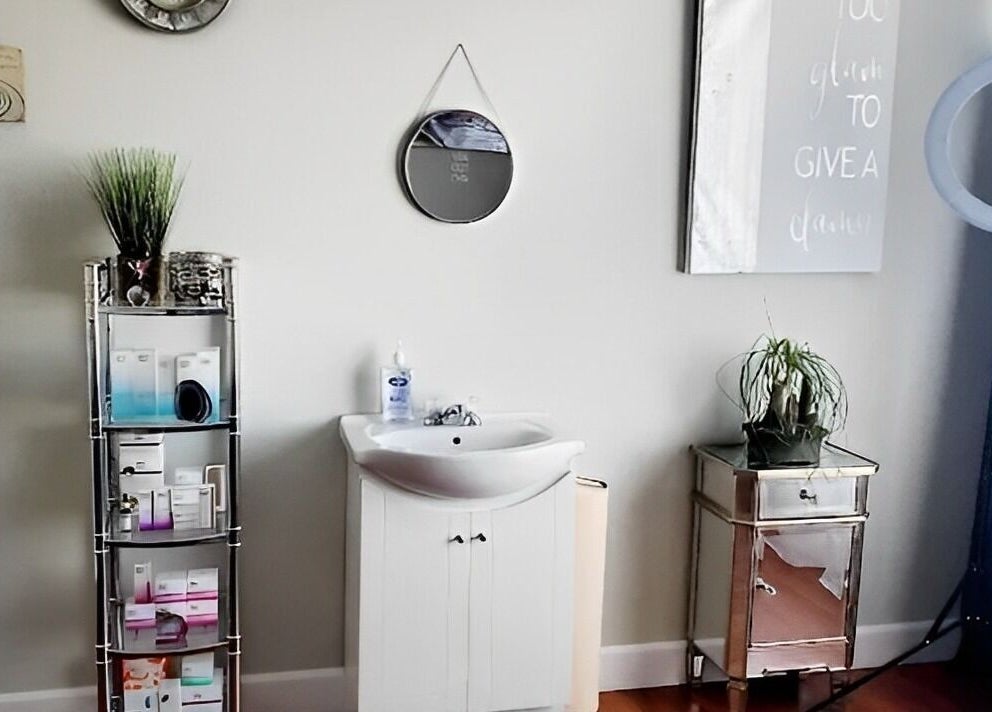 Elegant skincare setup at Top Skin Solutions in Sherwood Park, Alberta, CA, showcasing sleek and modern furnishings.