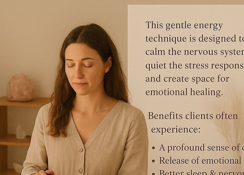 A serene woman meditating at Healing With Dawn in Collingwood, Ontario, CA with relaxation benefits displayed.