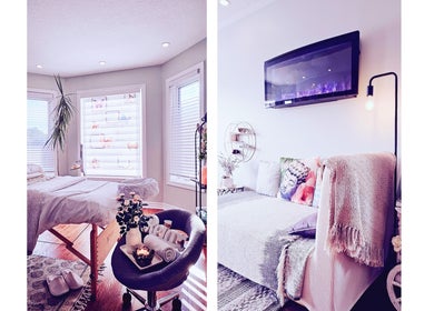 Elegant massage room at Haiyan Cai, RMT in Cambridge, Ontario, CA with plush seating and calming decor.