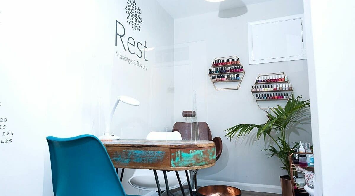 Rest Massage and Beauty in Brighton, England, GB offers a serene nail care space with vibrant polish displays.