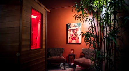 Cozy seating by infrared sauna at Harmony Massage Bothell, Bothell, Washington, US.