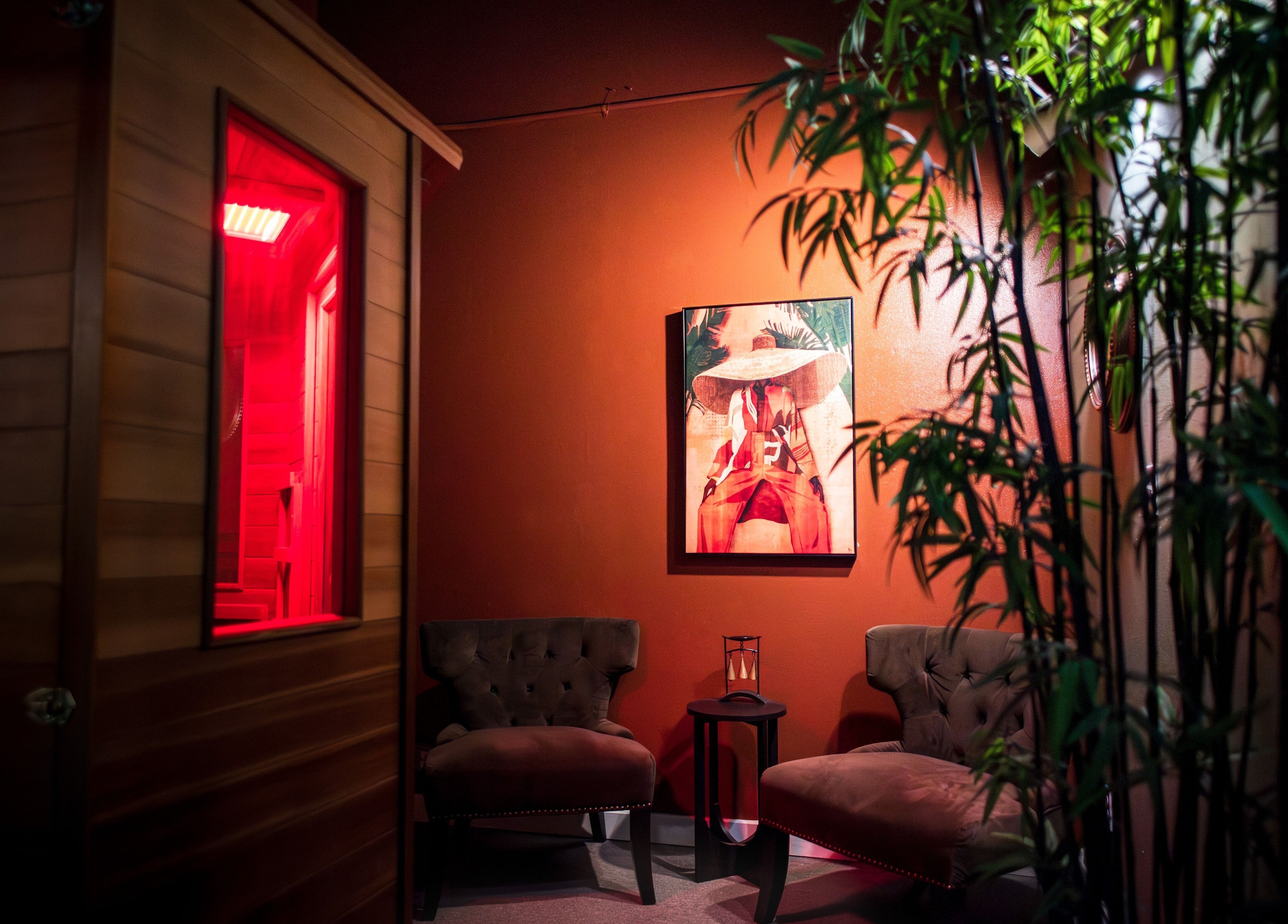 Relaxing interior with sauna and seating at Harmony Massage Bothell, Bothell, Washington, US.