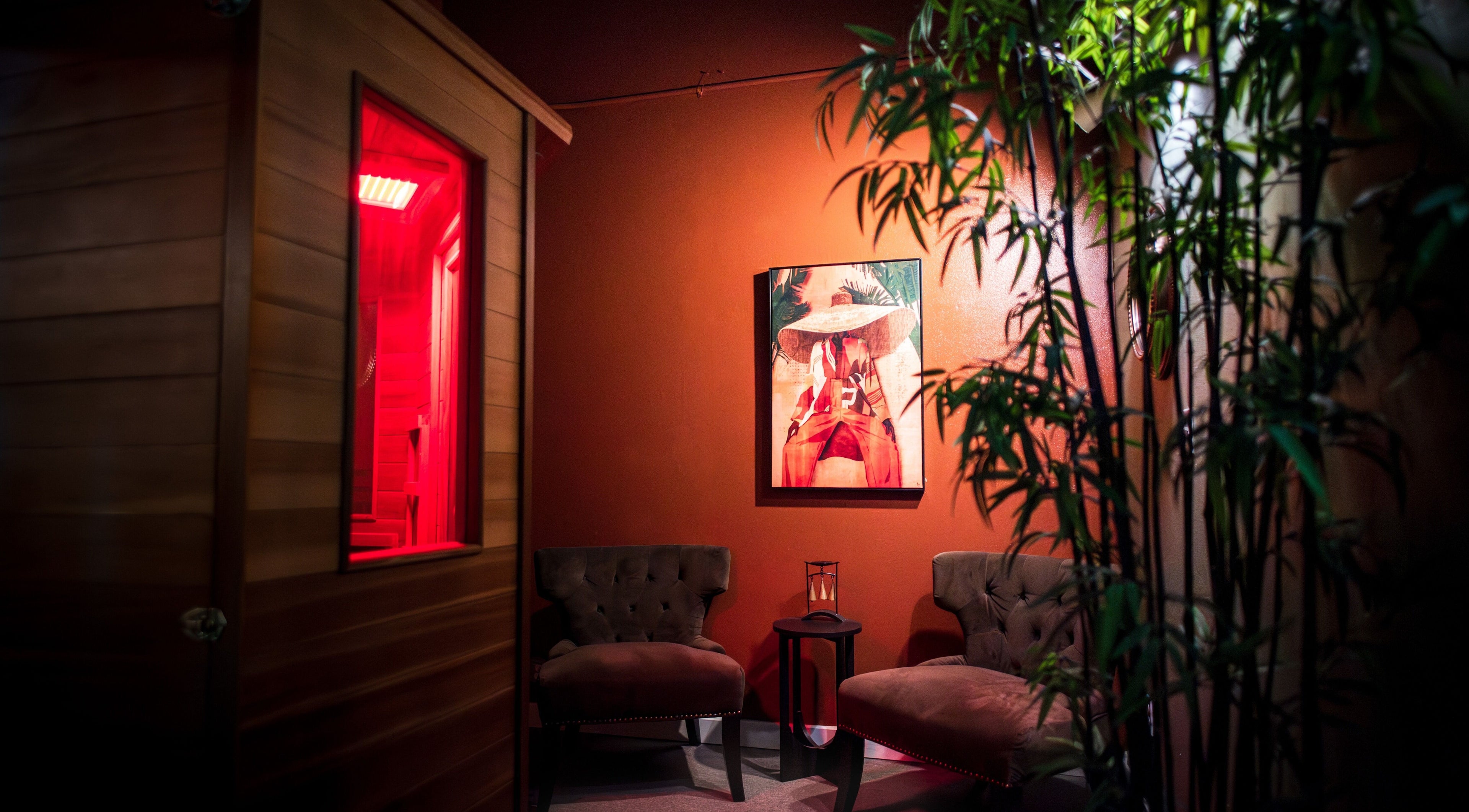 Relaxing interior with sauna and seating at Harmony Massage Bothell, Bothell, Washington, US.